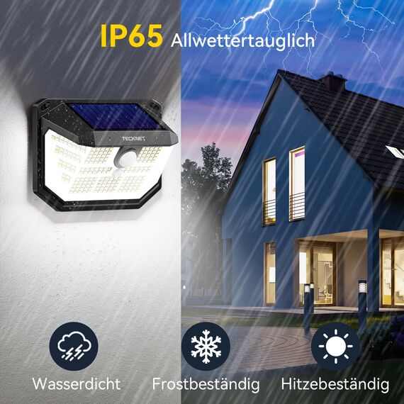 TECKNET Solarlampen für Außen, 【6 Stücke】 231 LED Solarlampe 300° Superhelle mit Bewegungsmelder 3 Modi IP65 Wasserdichte Wandleuchte für Wand Post Pathway Garten Garage