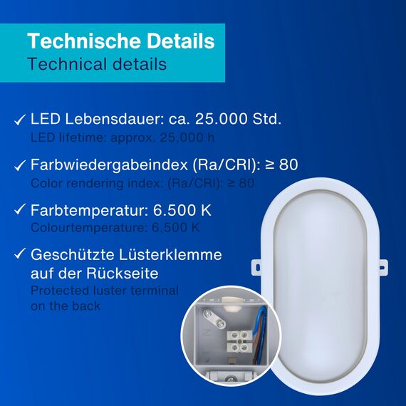 REV Kellerlampe - Feuchtraumleuchte LED oval (10W, 800lm, IP44), einsetzbar als Decken- oder Wandlampe, Feuchtraumlampe, weiß
