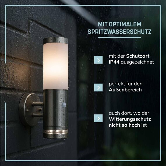 Lightbox Außen Wandlampe - 38 x 15 cm - Spritzwassergeschützte Outdoor Wandleuchte mit Dämmerungsschalter & LED-Kranz & einstellbarem Bewegungsmelder - aus Metall/Kunststoff - in Edelstahl