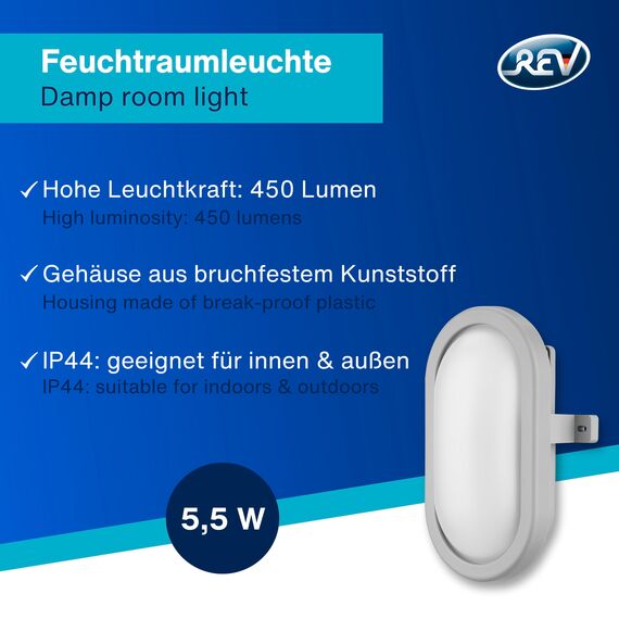 REV Kellerlampe - Feuchtraumleuchte LED oval (5,5W, 450lm, IP44), einsetzbar als Decken- oder Wandlampe, Feuchtraumlampe, grau