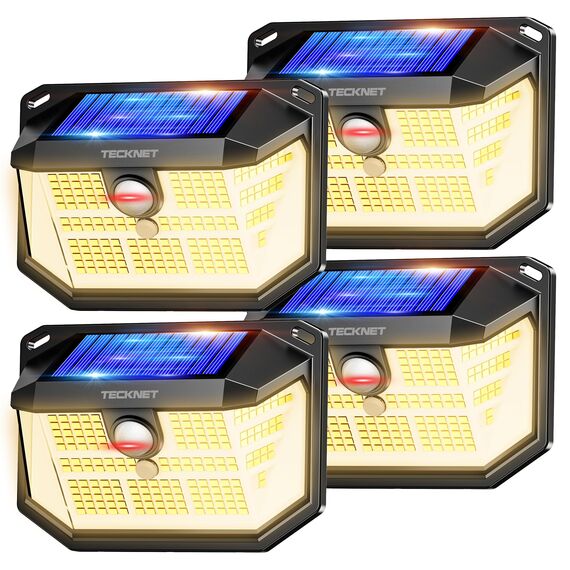 TECKNET Solarlampen für Außen, 【4 Stücke】 231 LED Solarlampe 300° Superhelle mit Bewegungsmelder 3 Modi IP65 Wasserdichte Wandleuchte für Wand Post Pathway Garten Garage