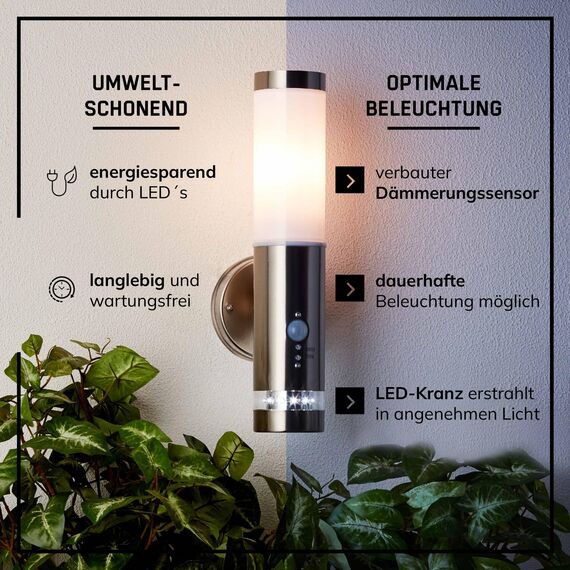 Lightbox Außen Wandlampe - 38 x 15 cm - Spritzwassergeschützte Outdoor Wandleuchte mit Dämmerungsschalter & LED-Kranz & einstellbarem Bewegungsmelder - aus Metall/Kunststoff - in Edelstahl