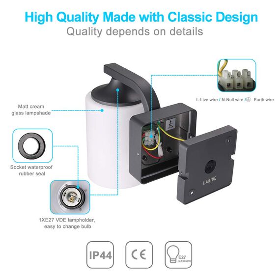 LASIDE Aussenleuchte Aussenlampe Wand, Anthrazit Grau Aluminium E27 Glaslaterne Außenlampe Außenleuchte, IP44 Spritzwassergeschützt Wandlampe Wandleuchte Lampe Aussen Außen Leuchte für Garten Terrasse