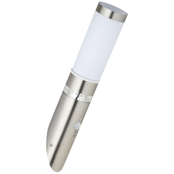 Lightbox spritzwassergeschützte LED Wandfackel - Wandfackel für Außen mit einstellbarem Bewegungsmelder & Dämmerungsschalter für LED-Dekolicht - aus Metall/Kunststoff - in Edelstahlfarben - Ø 8 cm