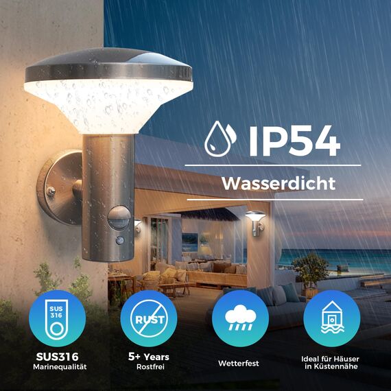 NBHANYUAN Lighting LED Aussenleuchte mit Bewegungsmelder,4 Lichtmodi,SUS316 Edelstahl Aussenwandleuchte, IP54 Aussenlampe für Haus Balkon 3000K Warmweiß Licht, Silber 9W 220-240V