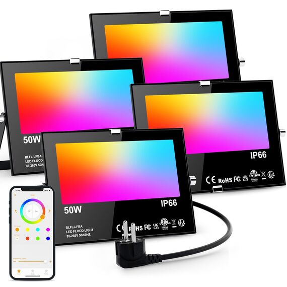 LED Strahler Außen RGB 50W Flutlicht Dimmbar Bunt & Kaltweiß, Smart Bluetooth APP Steuerung Flutlichtstrahler, IP66 Wasserdicht Aussenstrahler, Fluter für Aussen Innen Garten Hinterhof, Garage-4 Stk