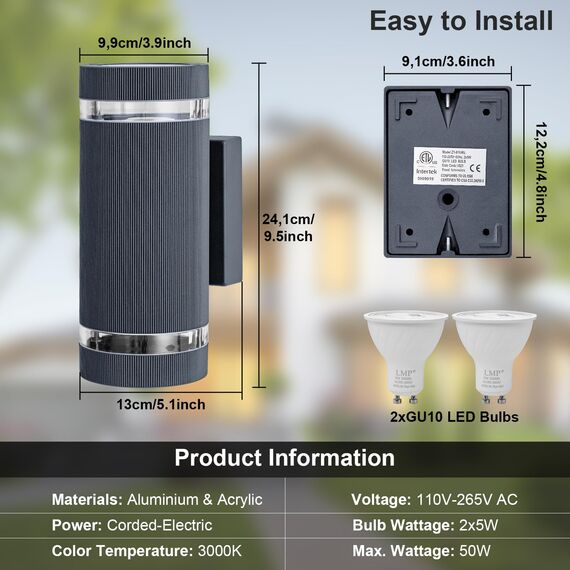 LMP LED Wandleuchte aussen Wandlampe außen, Up Down Außenlampe Aussenlampe Außenleuchte Wand, IP65 GU10 Runde Außenwandleuchte Aussenleuchte Außenbeleuchtung Hauswand Balkon Haus Terrasse, Grau