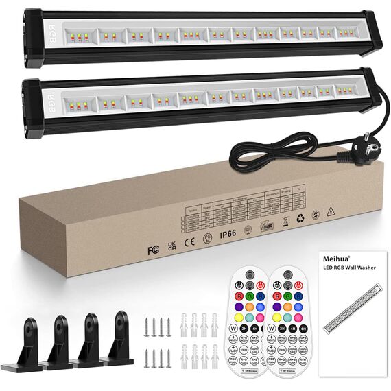 MEIHUA 42W RGB Strahler Außen 10 Farben 6 Helligkeit 30 Modi IP66 Wasserdicht Wallwasher LED Bar Lichteffekte mit Fernbedienung Partylicht für DJ Home Bühnenlichter Weihnachten Halloween 2 Pack