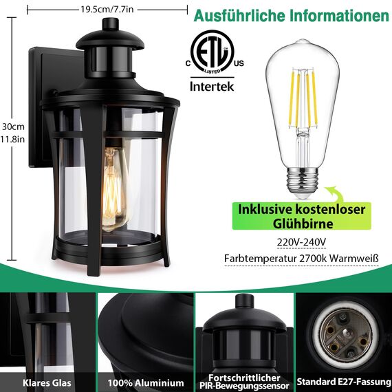 Lamomo Außenlampe mit Bewegungsmelder, 3 Beleuchtungsmodi Led Aussenlampe Lampe mit Bewegungsmelder Aussen, Wasserdichtes Außenleuchte Wandleuchte Außen Ausenbeleutung Hauswand für Haus, Eisenhaltig