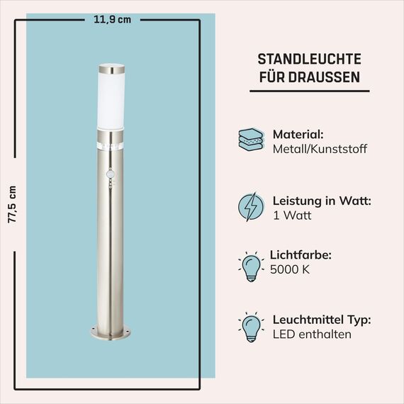 Lightbox Wegelampe für den Garten - Spritzwassergeschützte Stehleuchte mit Dämmerungsschalter für LED-Kranz - Stehlampe mit einstellbarem Bewegungsmelder - Metall/Kunststoff Edelstahl - 78cm Höhe