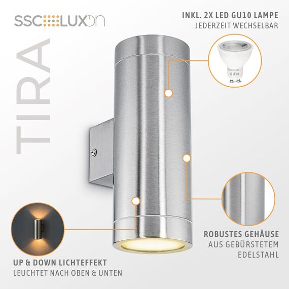 SSC-LUXon LED Wandlampe TIRA Up & Down für 230V - inkl. 2 LED 5W GU10 warmweiß 230V - Außen Wandleuchte Außenwandleuchte IP44 Edelstahl