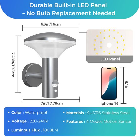 NBHANYUAN Lighting LED Aussenleuchte mit Bewegungsmelder,4 Lichtmodi,SUS316 Edelstahl Aussenwandleuchte, IP54 Aussenlampe für Haus Balkon 3000K Warmweiß Licht, Silber 9W 220-240V