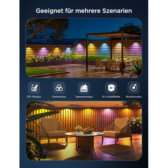 Govee Wandleuchte Aussen, RGBWIC, 180lm mit 4000K Smartes Weißlicht, Musik-Sync und über 60 Szenenmodi, IP65 wasserdicht für Garten, Zaun, funktioniert mit Alexa und Matter, Google Assistant, 6er-Pack
