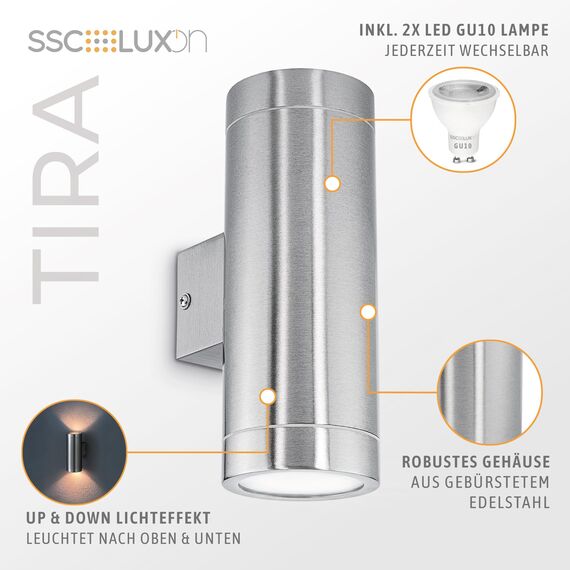 SSC-LUXon LED Wandlampe TIRA Up & Down Außen 230V, Wandleuchte IP44, Oberfläche Edelstahl inkl. 2 LED Leuchtmittel 5W GU10 neutralweiß 4000K