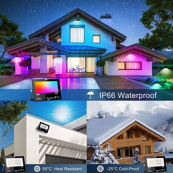 RGB LED Strahler Außen 50W Fluter Innen Außen, Flutlicht Dimmbar Bunt & Kaltweiß, Smart Bluetooth APP Steuerung Flutlichtstrahler, IP66 Wasserdicht LED Aussenstrahler, Garten Stimmungslichter
