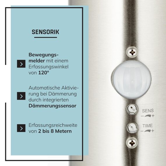 Lightbox Wegelampe für den Garten - Spritzwassergeschützte Stehleuchte mit Dämmerungsschalter für LED-Kranz - Stehlampe mit einstellbarem Bewegungsmelder - Metall/Kunststoff Edelstahl - 78cm Höhe