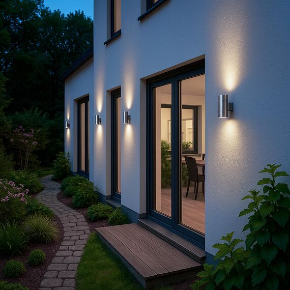 SSC-LUXon LED Wandlampe TIRA Up & Down Außen 230V, Wandleuchte IP44, Oberfläche Edelstahl inkl. 2 LED Leuchtmittel 5W GU10 neutralweiß 4000K