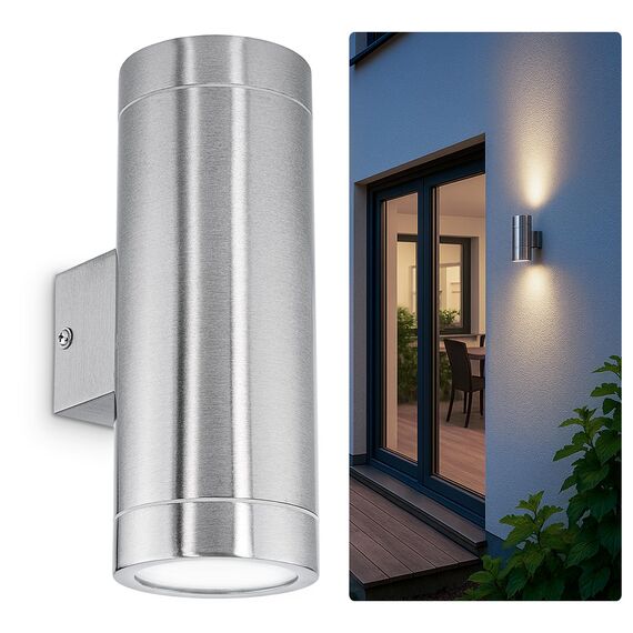 SSC-LUXon TIRA LED Wandlampe Up Down Außen 230V - mit 2x GU10 LED Strahler 3W neutralweiß - Aussenwandlampe Edelstahl IP44