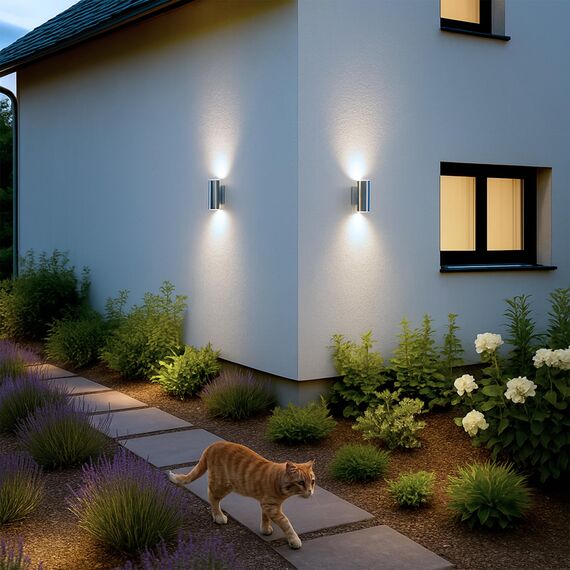 SSC-LUXon TIRA LED Wandlampe Up Down Außen 230V - mit 2x GU10 LED Strahler 3W neutralweiß - Aussenwandlampe Edelstahl IP44