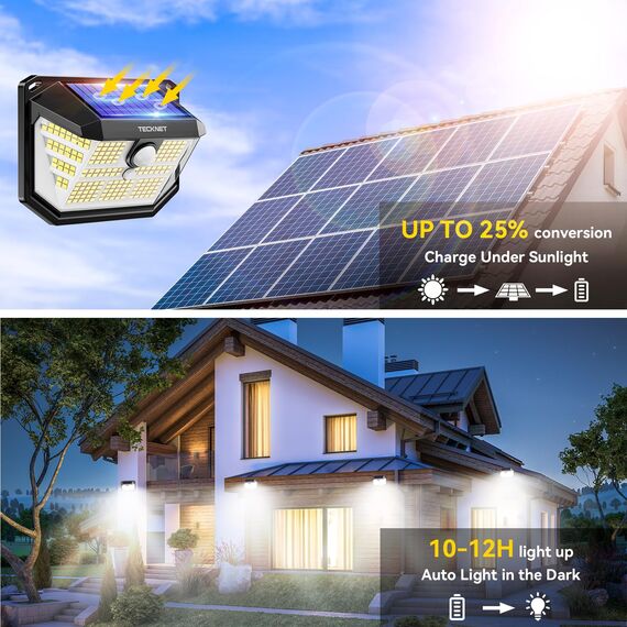 TECKNET Solarlampen für Außen mit Bewegungsmelder 1 Stück, 231 LED Aussenleuchte Solar IP65 Wasserdicht Solarleuchte 3 Modi Strahler mit Fernbedienung, Solar lampe outdoor für Garten Garage Aussen