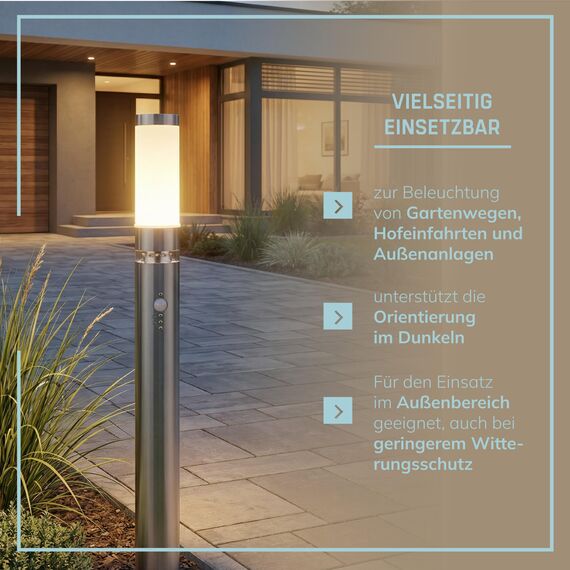 Lightbox Wegelampe für den Garten - Spritzwassergeschützte Stehleuchte mit Dämmerungsschalter für LED-Kranz - Stehlampe mit einstellbarem Bewegungsmelder - Metall/Kunststoff Edelstahl - 78cm Höhe