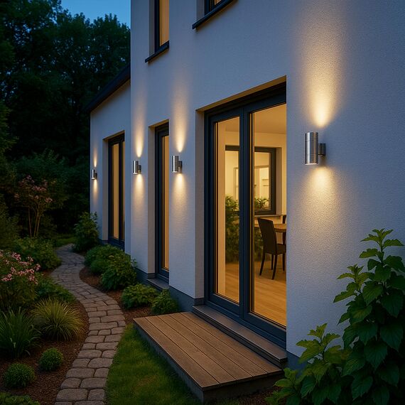 SSC-LUXon LED Wandlampe TIRA Up & Down für 230V - inkl. 2 LED 5W GU10 warmweiß 230V - Außen Wandleuchte Außenwandleuchte IP44 Edelstahl