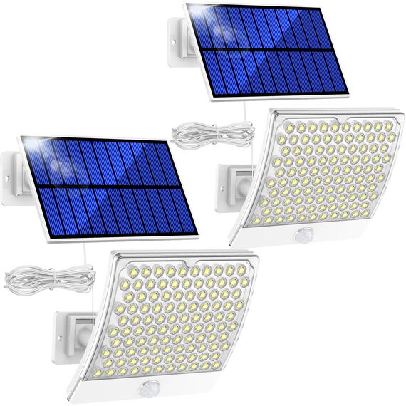 PQP Solarlampen für Außen, 105 LED Solarleuchten Aussen mit Bewegungsmelder, IP65 Wasserdicht,125°Beleuchtungswinkel, Solar Wandleuchten für Garten mit 5m Kabel-2 Stücke