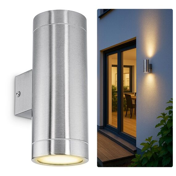 SSC-LUXon LED Wandlampe TIRA Up & Down Außen 230V - Wandleuchte IP44 - Oberfläche Edelstahl - inkl. 2 LED Leuchtmittel 3W GU10 warmweiß 2700K