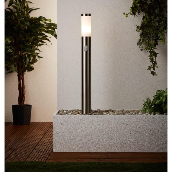 Lightbox Wegelampe für den Garten - Spritzwassergeschützte Stehleuchte mit Dämmerungsschalter für LED-Kranz - Stehlampe mit einstellbarem Bewegungsmelder - Metall/Kunststoff Edelstahl - 78cm Höhe