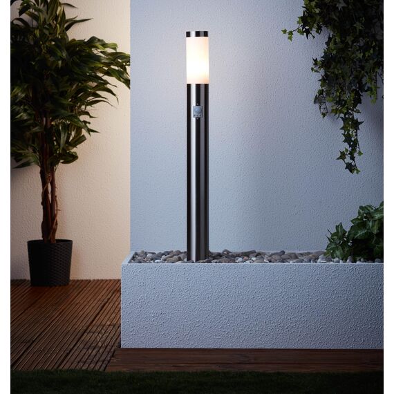Lightbox Wegelampe für den Garten - Spritzwassergeschützte Stehleuchte mit Dämmerungsschalter für LED-Kranz - Stehlampe mit einstellbarem Bewegungsmelder - Metall/Kunststoff Edelstahl - 78cm Höhe