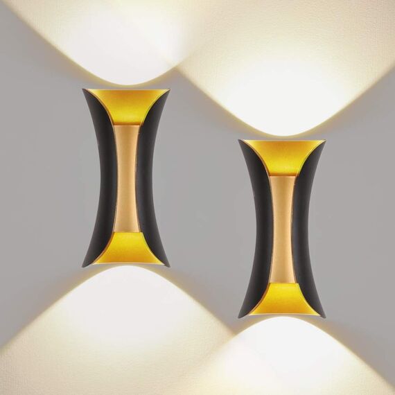 Klighten 2er Außenwandleuchte LED Wandleuchte Innen/Außen Modern Up Down IP65 10W Wandlampe aus Aluminium für Wohnzimmer Schlafzimmer Treppenhaus Flur Warmweiß 3000K, Schwarz & Gold