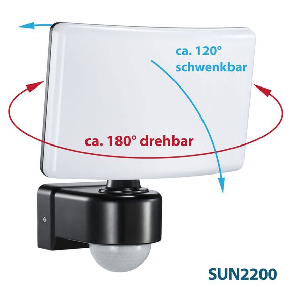 max K O M F O R T LED Fluter mit Bewegungsmelder Eckmontage möglicht Wand-leuchte Wandlampe Flurleuchte Fluter 30W schwarz modern IP65 SUN2200