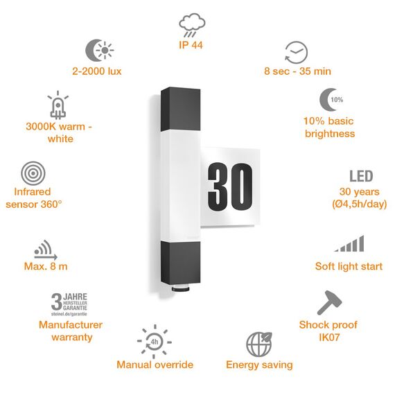 Steinel LED Wandleuchte L 630, inklusive Hausnummer, 360 Grad Sensor, 8 m Reichweite, Softlicht, Dauerlicht, UV-beständiger Kunststoff, Integriert, 8.2 W, Anthrazit, 6.5 x 21.1 x 36.4 cm