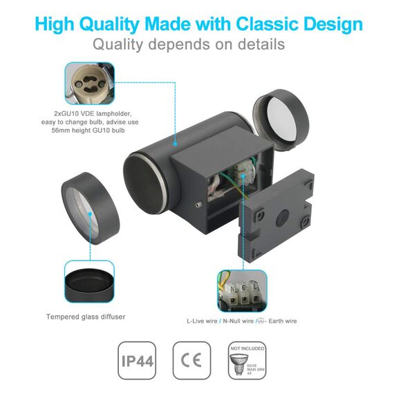 LASIDE Aussenleuchte Aussenlampe Wand, GU10 Anthrazit Aluminium Up and Down Außenlampe Außenleuchte, IP65 Spritzwassergeschützt Wandlampe Wandleuchte Lampe Aussen Außen Leuchte für Garten Terrasse