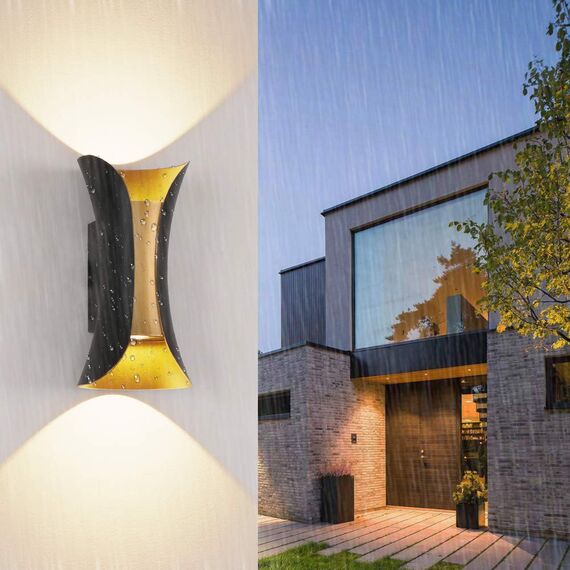 Klighten 2er Außenwandleuchte LED Wandleuchte Innen/Außen Modern Up Down IP65 10W Wandlampe aus Aluminium für Wohnzimmer Schlafzimmer Treppenhaus Flur Warmweiß 3000K, Schwarz & Gold