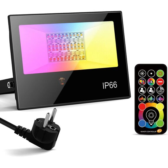 RGB LED Strahler Außen mit Fernbedienung, 1PCS RGBW 4450LM Dimmbar Farben Außenstrahler Outdoor, 3000K Warmweiß Fluter Flutlichtstrahler Farbwechsel Beleuchtung Flutlicht Garten IP66 Wasserdicht