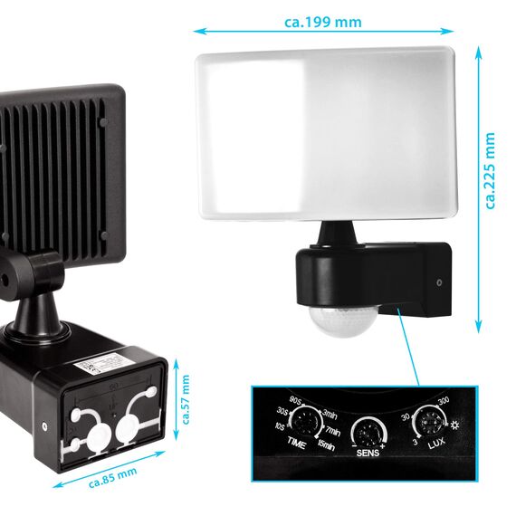 max K O M F O R T LED Fluter mit Bewegungsmelder Eckmontage möglicht Wand-leuchte Wandlampe Flurleuchte Fluter 30W schwarz modern IP65 SUN2200