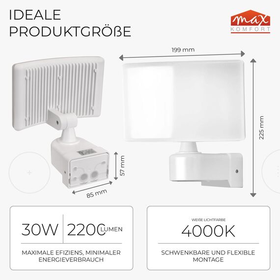 max K O M F O R T LED Fluter Strahler 30W weiß schwenkbar | Eckmontage neutralweiß 4000K IP65 | Wand-leuchte Wandlampe Flurleuchte modern SUN2200A