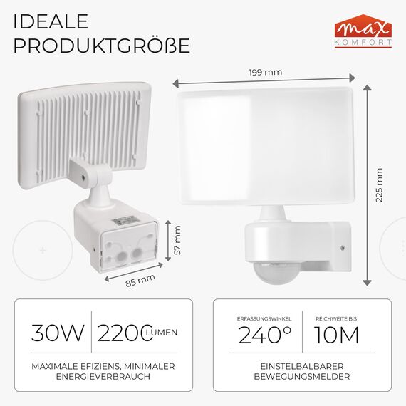 max K O M F O R T LED Fluter mit Bewegungsmelder Eckmontage möglicht Wand-leuchte Wandlampe Flurleuchte Fluter 30W weiß modern IP65 SUN2200
