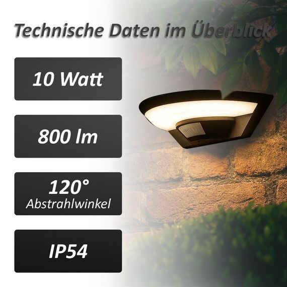 max K O M F O R T LED Aussenleuchte mit Bewegungsmelder Wand-leuchte Wandlampe Flurleuchte Fluter 10W schwarz modern IP54 SETA