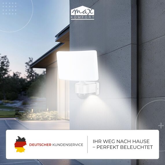 max K O M F O R T LED Fluter mit Bewegungsmelder Eckmontage möglicht Wand-leuchte Wandlampe Flurleuchte Fluter 30W weiß modern IP65 SUN2200