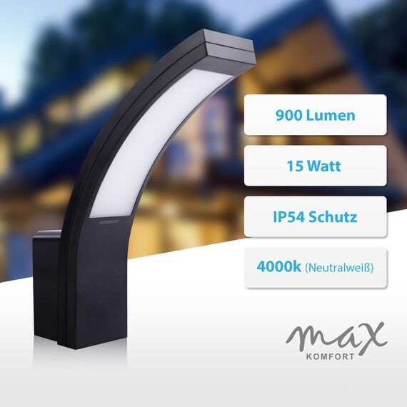 max K O M F O R T LED Aussenleuchten Wand-leuchte Wandlampe neutralweiß 4000K Flurleuchte Fluter 15W schwarz modern IP54 PIRIT-BK-0