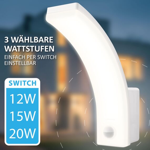 LED Außenleuchte mit Bewegungsmelder – 12/15/20W wählbar – IP65 – 1600-2500lm – Sensor abschaltbar für Dauerlicht – 4000K neutralweiß – Modell X-Prit für Wandmontage