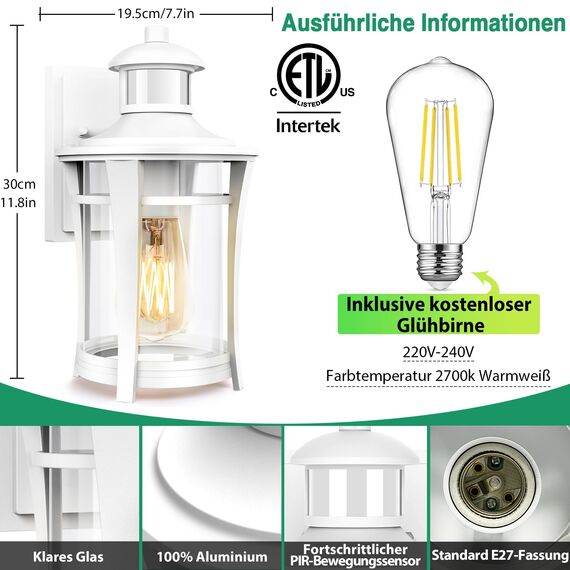 Lamomo Außenlampe mit Bewegungsmelder, 3 Beleuchtungsmodi Led Aussenlampe Lampe mit Bewegungsmelder Aussen, Wasserdichtes Außenleuchte Wandleuchte Außen Ausenbeleutung Hauswand für Haus, Weiß
