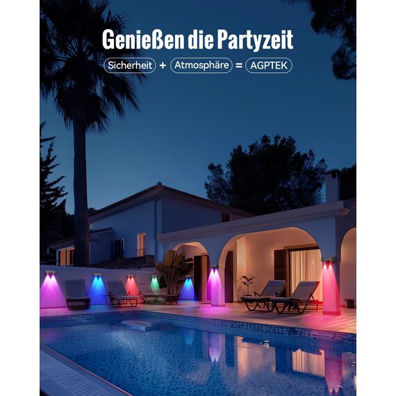 AGPTEK Solarlampen für außen, Solarzaunleuchten, 5 Beleuchtungsmodi, 8 Farbe & RGB, Wandleuchte, Solarleuchten für Zaun, Terrasse, Wand, Deko Balkon, Garage, IP65 Wasserdicht, Warmweiß, 4 Stück