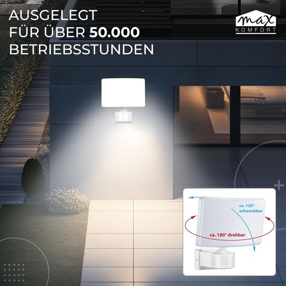 max K O M F O R T LED Fluter Strahler 30W weiß schwenkbar | Eckmontage neutralweiß 4000K IP65 | Wand-leuchte Wandlampe Flurleuchte modern SUN2200A
