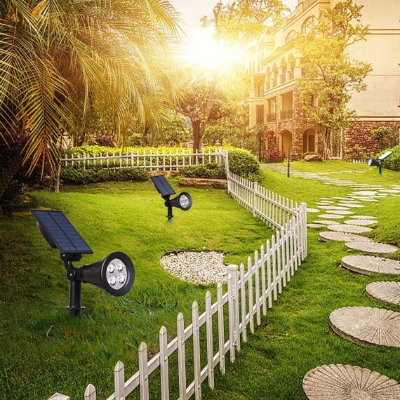 T-SUN Solarleuchte Garten, 4LED Solarstrahler Solar Gartenleuchte Außen mit 2-in1 Gartenbeleuchtung Wasserdicht Drahtlos, 2 Helligkeitsstufe für Hof, Rasen,Terrasse.(Natürliches Weiß 4000K)