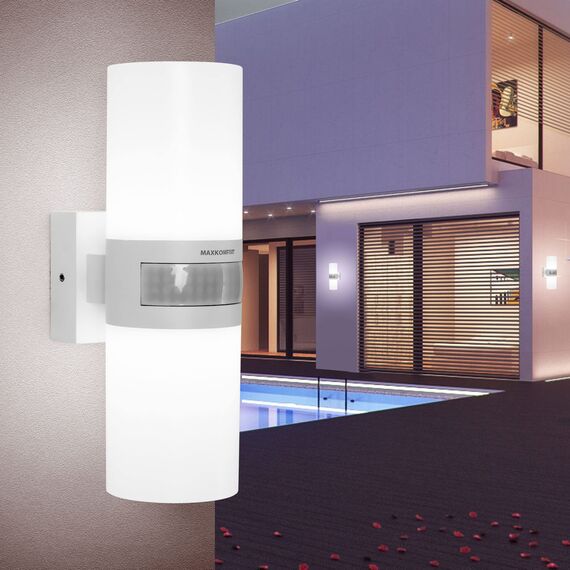 max K O M F O R T LED Außenleuchte mit Bewegungsmelder weiß Wandleuchte IP65 Außenlampe Außenwandleuchte ST102A1-WH TWIN