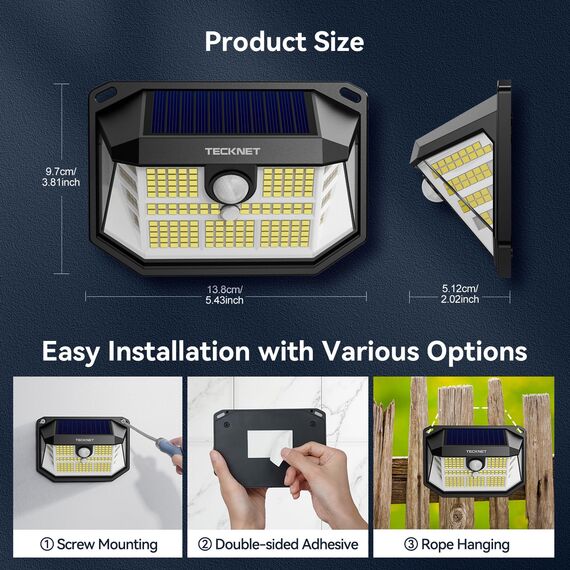 TECKNET Solarlampen für Außen mit Bewegungsmelder 2 Stück, 252 LED Aussenleuchte Solar IP65 Wasserdicht Solarleuchte 3 Modi Strahler mit Fernbedienung, Solar lampe outdoor für Garten Garage Aussen