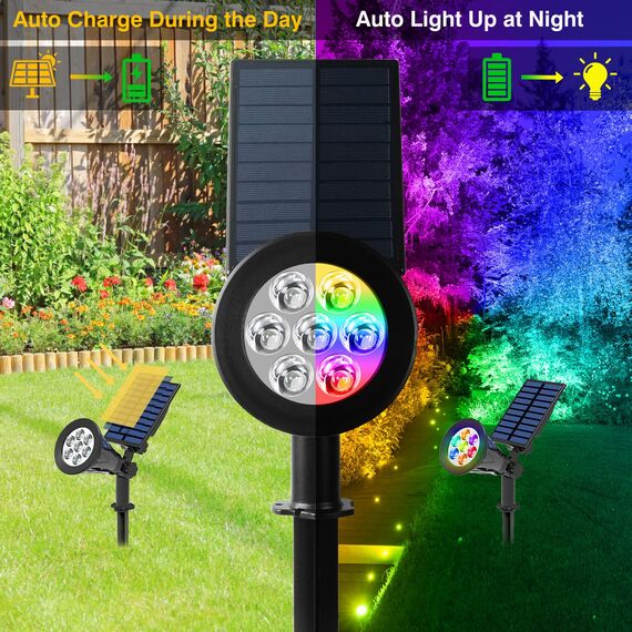 T-SUN Farbige Solarlampen für Außen Garten, 7 LED RGB Solar Strahler, 7 Farbwechsel Solarleuchten für Außen, IP65 Wasserdicht Außenwandleuchte, 8 Modi Solar Gartenleuchten für Hof Bäume Garage Weg